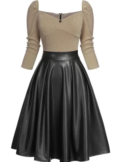 Discount Retro Stage Khaki 1950s Knitted Leather Patchwork Dress