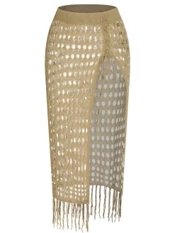 Fashion Retro Stage 1950s Knitted Tassel Hollow Cover-Up Khaki