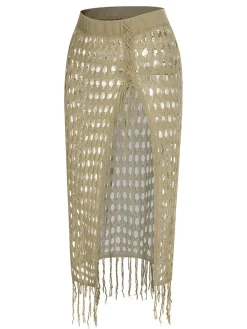 Fashion Retro Stage 1950s Knitted Tassel Hollow Cover-Up Khaki