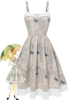 Outlet Retro Stage Khaki 1950s Newspaper Butterfly Patchwork Dress Light Khaki