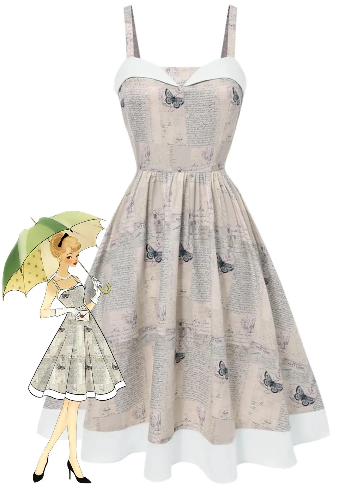 Outlet Retro Stage Khaki 1950s Newspaper Butterfly Patchwork Dress Light Khaki