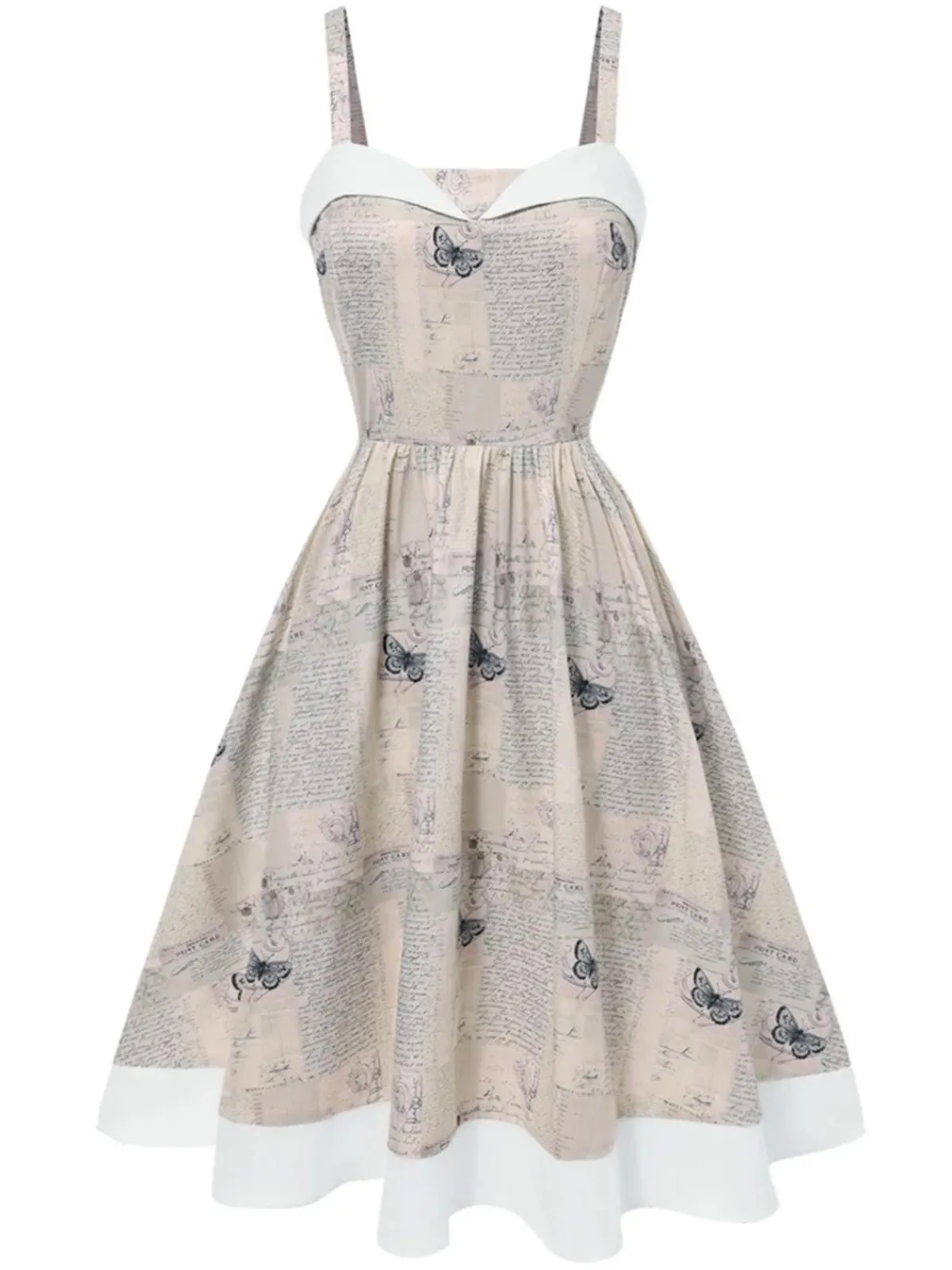 Outlet Retro Stage Khaki 1950s Newspaper Butterfly Patchwork Dress Light Khaki
