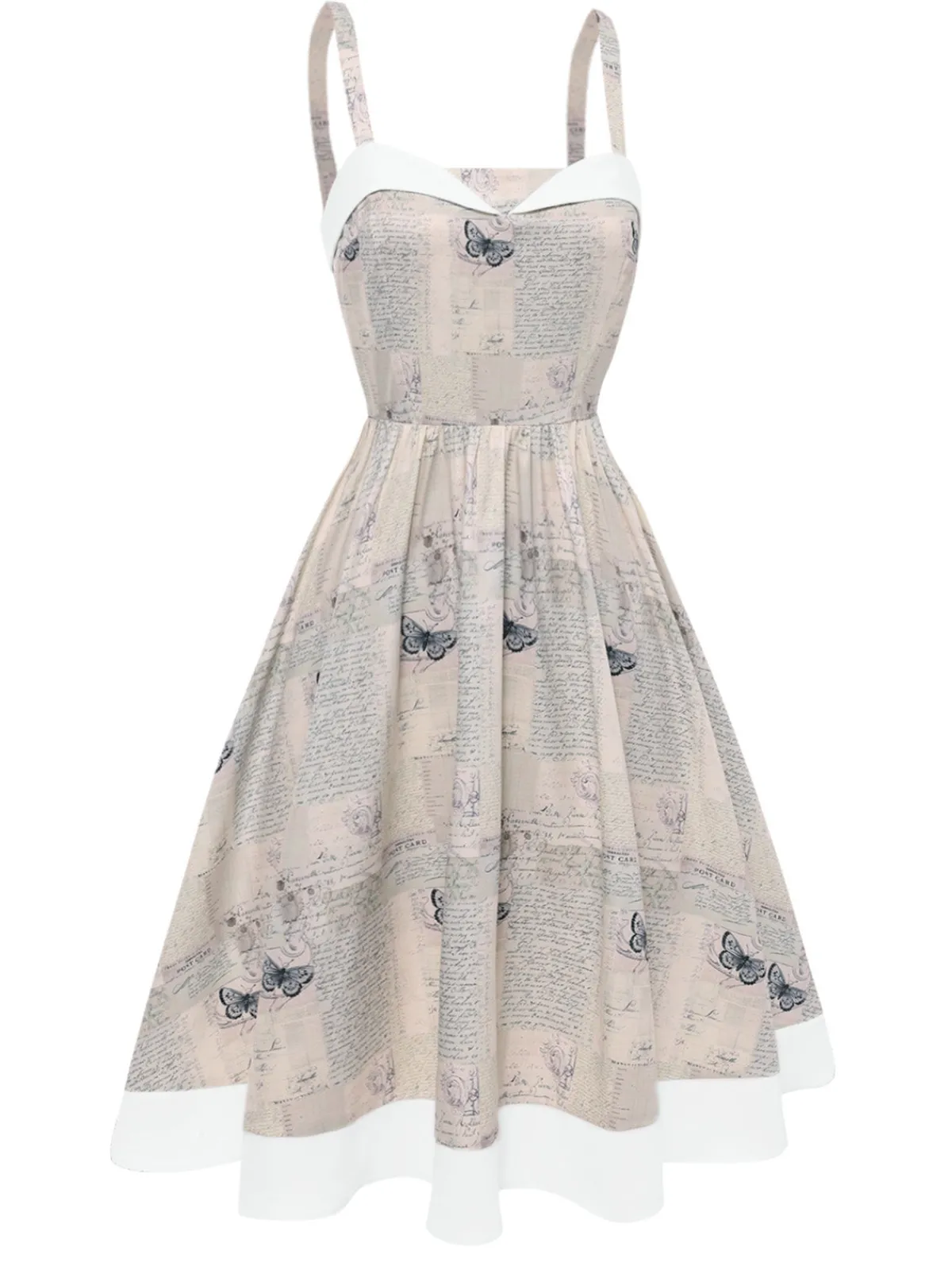 Outlet Retro Stage Khaki 1950s Newspaper Butterfly Patchwork Dress Light Khaki