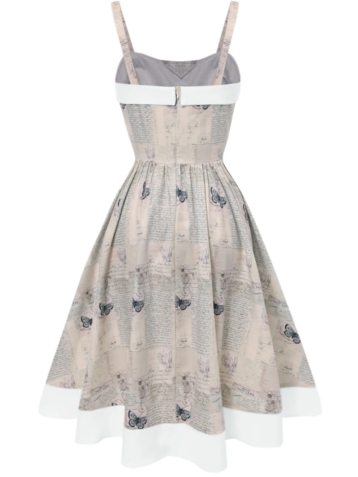 Outlet Retro Stage Khaki 1950s Newspaper Butterfly Patchwork Dress Light Khaki