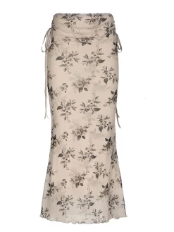 Sale Retro Stage 1930s Plants Double Mesh Fishtail Skirt Khaki