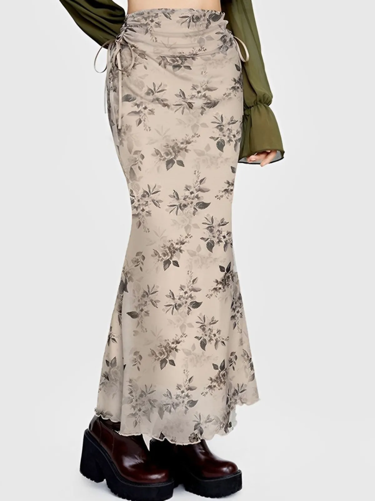 Sale Retro Stage 1930s Plants Double Mesh Fishtail Skirt Khaki