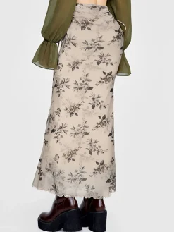 Sale Retro Stage 1930s Plants Double Mesh Fishtail Skirt Khaki