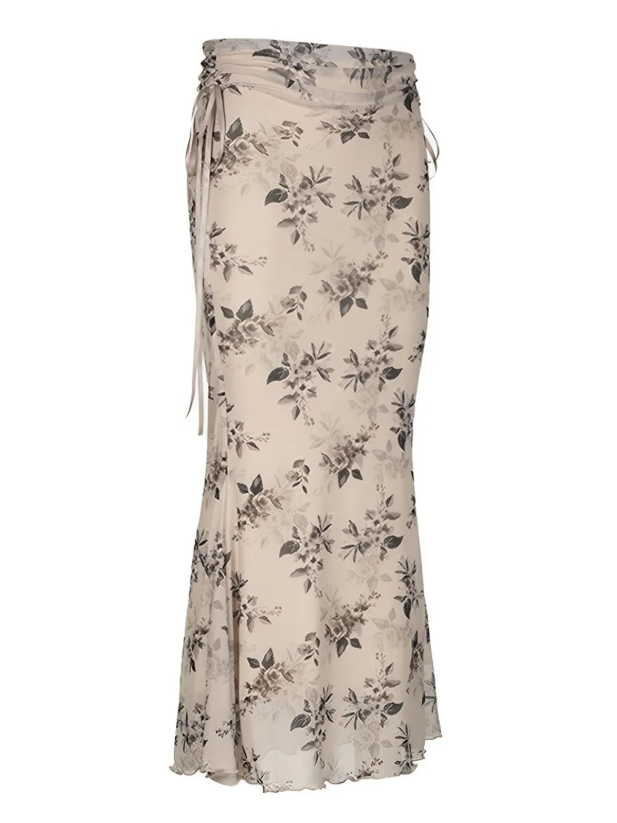 Sale Retro Stage 1930s Plants Double Mesh Fishtail Skirt Khaki
