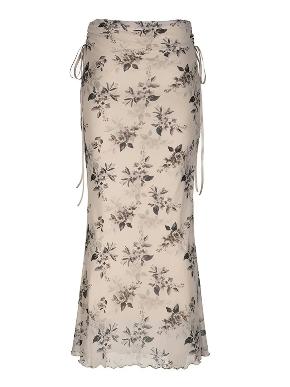 Sale Retro Stage 1930s Plants Double Mesh Fishtail Skirt Khaki