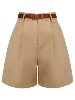 Fashion Retro Stage 1950s Solid Cotton Blend Belted Shorts Khaki