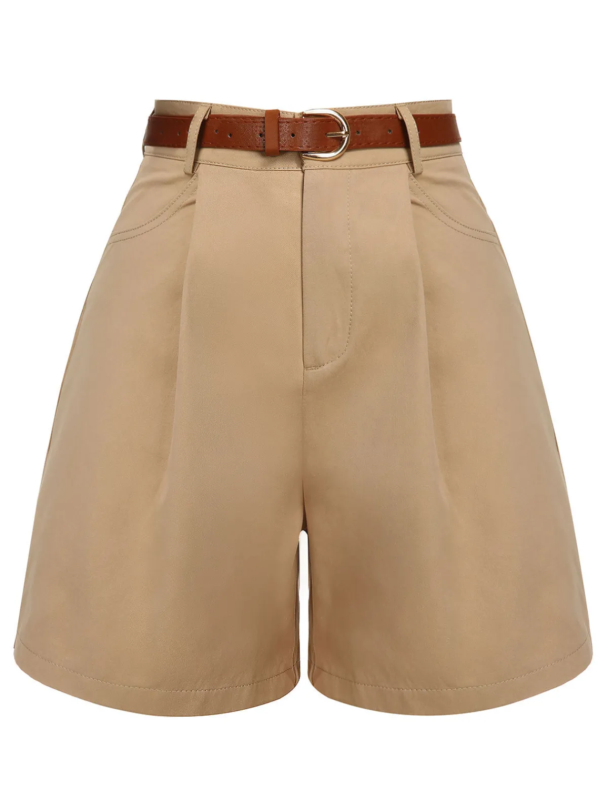 Fashion Retro Stage 1950s Solid Cotton Blend Belted Shorts Khaki