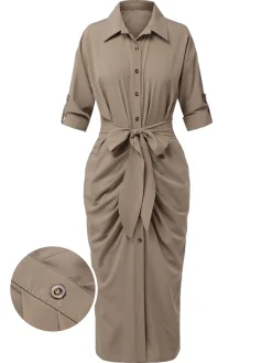 Fashion Retro Stage 1960s Solid Fold Pleated Lapel Dress Khaki
