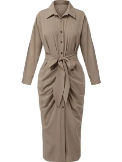 Fashion Retro Stage 1960s Solid Fold Pleated Lapel Dress Khaki