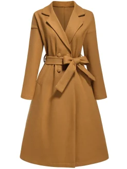 Fashion Retro Stage 1960s Turn-Up Collar Solid Belted Coat Khaki