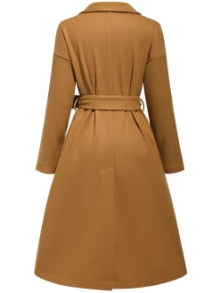 Fashion Retro Stage 1960s Turn-Up Collar Solid Belted Coat Khaki