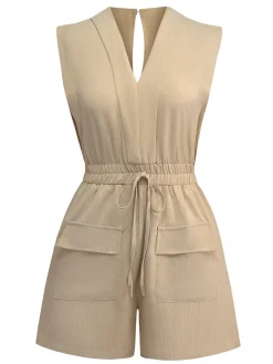 Clearance Retro Stage 1930s V-Neck Pocket Solid Romper Khaki