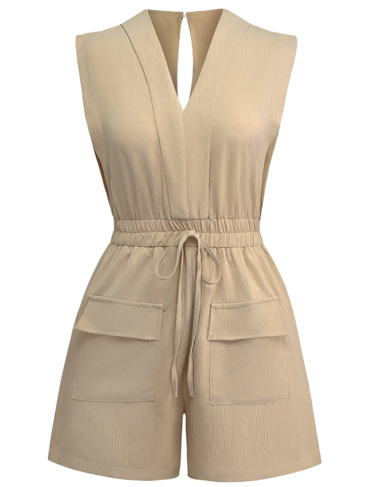 Clearance Retro Stage 1930s V-Neck Pocket Solid Romper Khaki