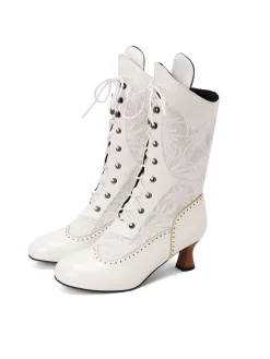 New Retro Stage Lace Patchwork Lace-Up Calf-High Boots