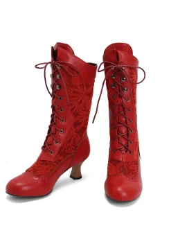 New Retro Stage Lace Patchwork Lace-Up Calf-High Boots