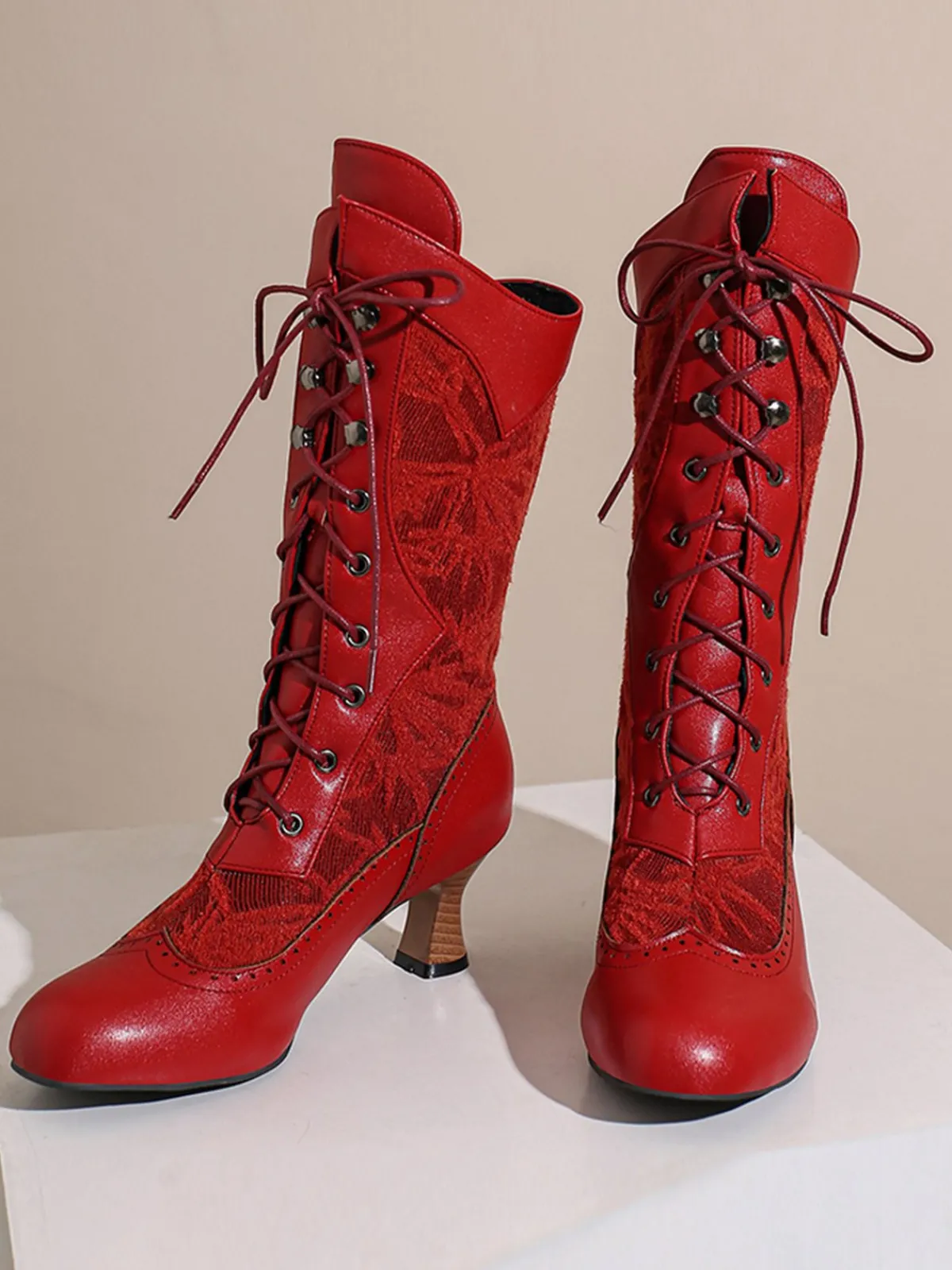 New Retro Stage Lace Patchwork Lace-Up Calf-High Boots