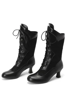 New Retro Stage Lace Patchwork Lace-Up Calf-High Boots