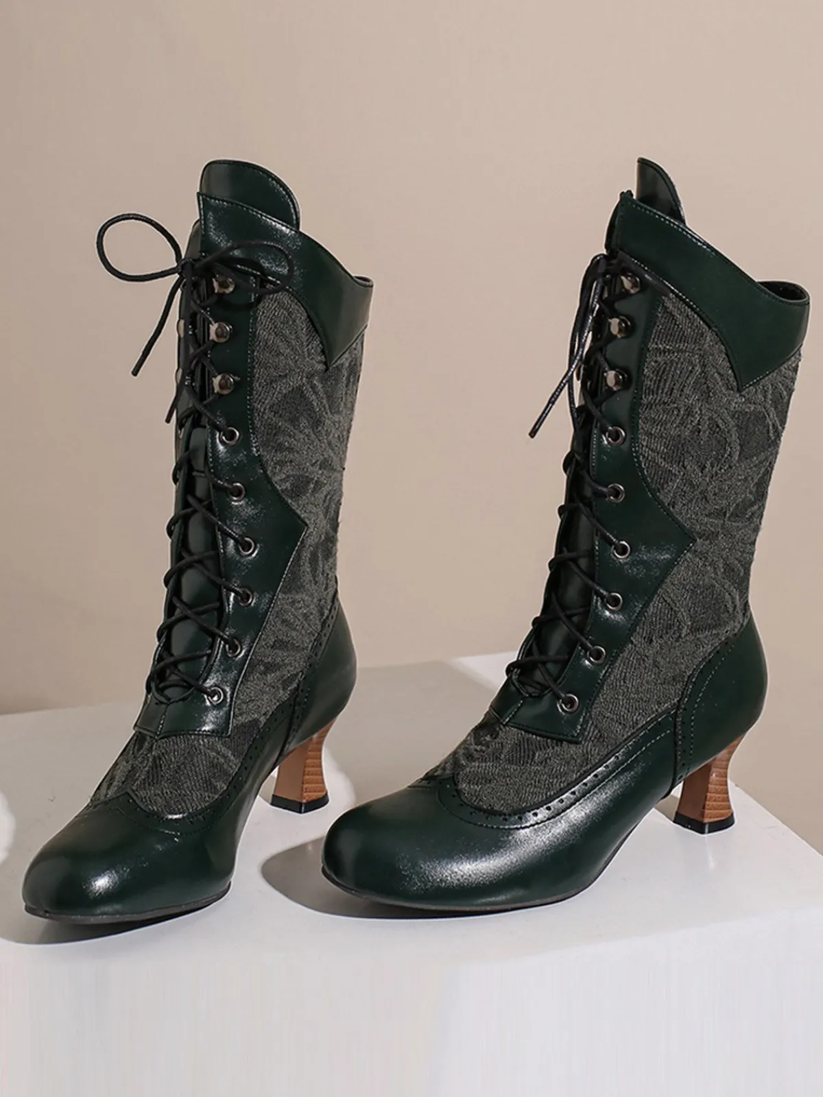 New Retro Stage Lace Patchwork Lace-Up Calf-High Boots