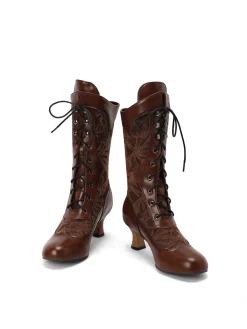 New Retro Stage Lace Patchwork Lace-Up Calf-High Boots