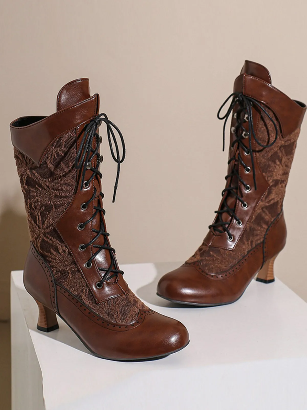New Retro Stage Lace Patchwork Lace-Up Calf-High Boots