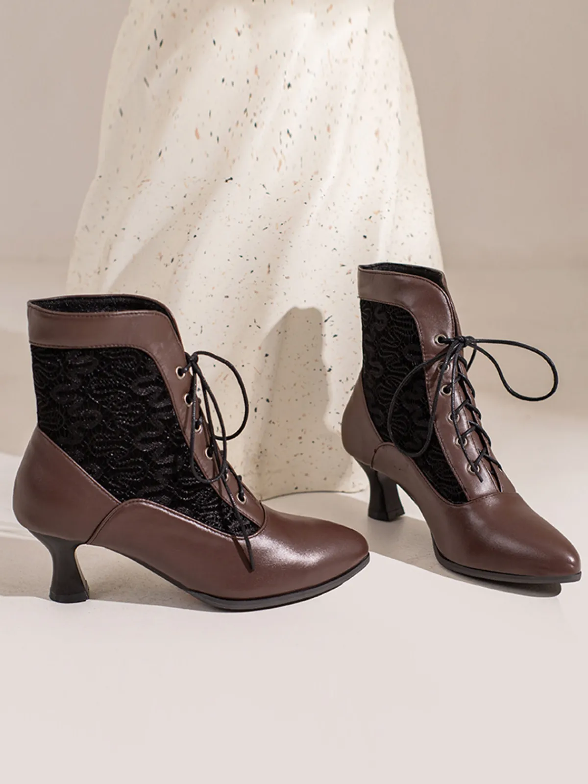Sale Retro Stage Lace Pointed Leather Heel Vintage Boots