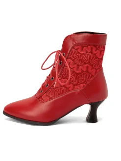 Sale Retro Stage Lace Pointed Leather Heel Vintage Boots