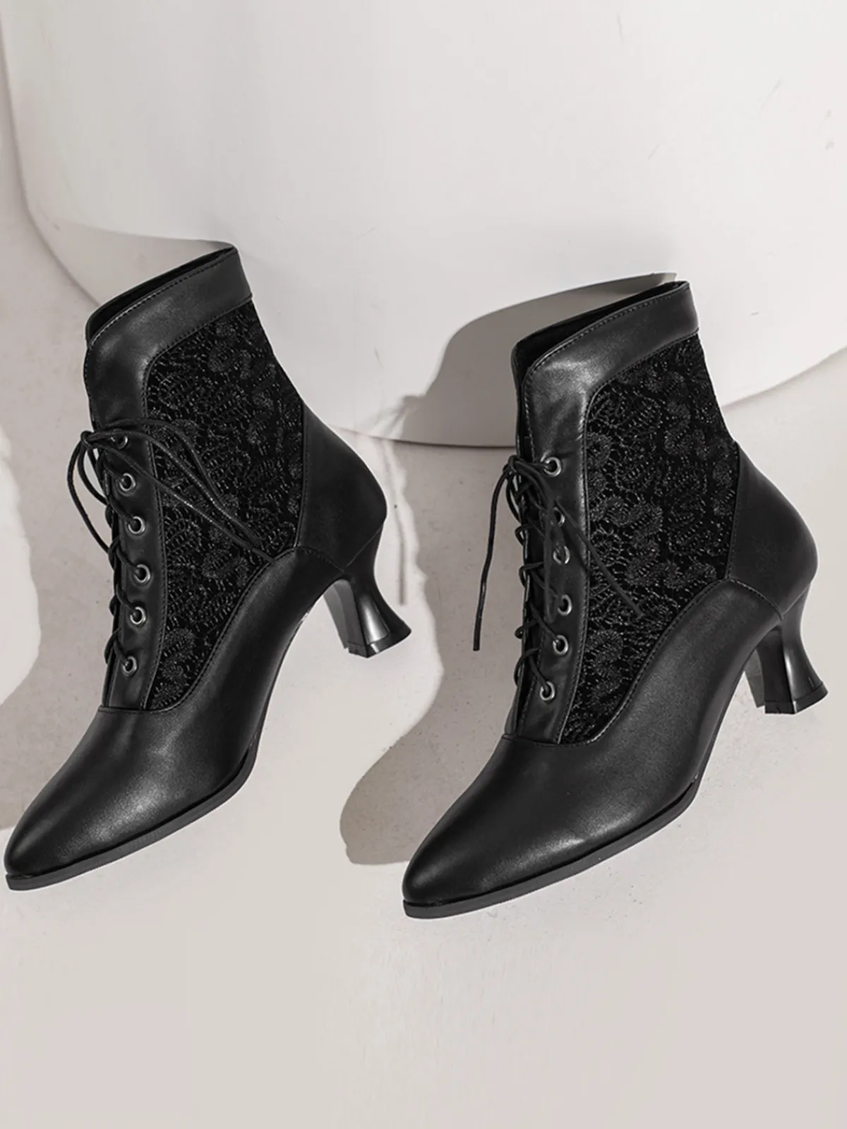Sale Retro Stage Lace Pointed Leather Heel Vintage Boots