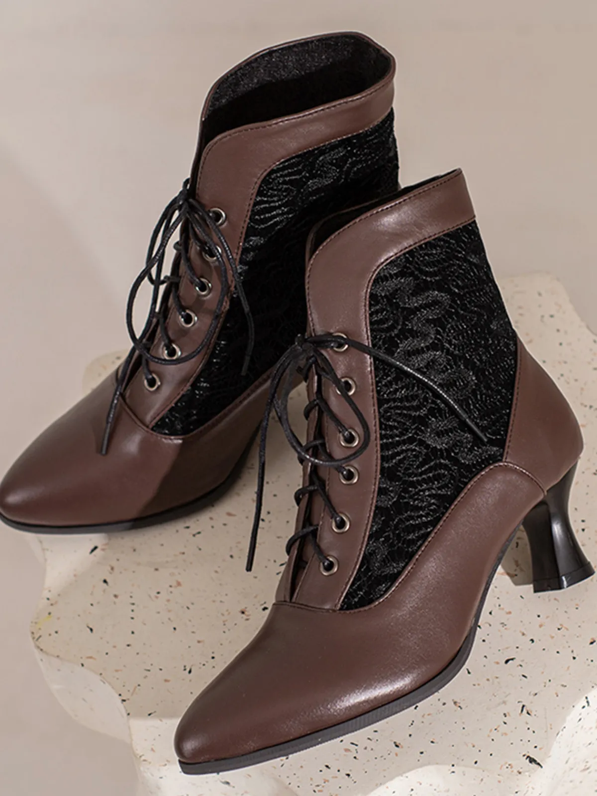 Sale Retro Stage Lace Pointed Leather Heel Vintage Boots