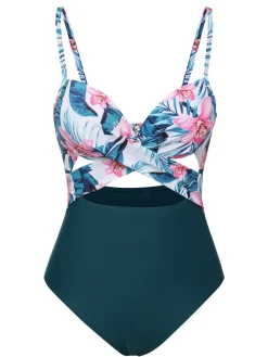 Hot Retro Stage 1930s Spaghetti Strap Floral Swimsuit Lake Green