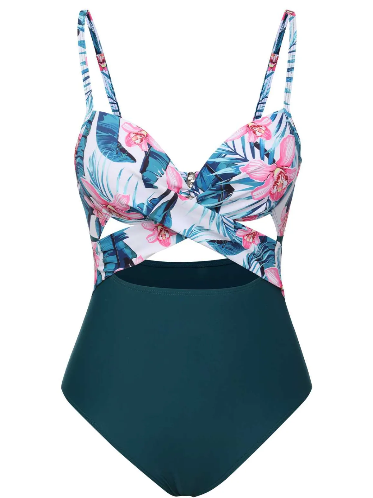 Hot Retro Stage 1930s Spaghetti Strap Floral Swimsuit Lake Green