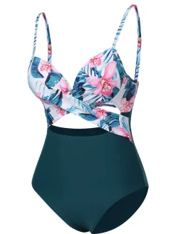 Hot Retro Stage 1930s Spaghetti Strap Floral Swimsuit Lake Green