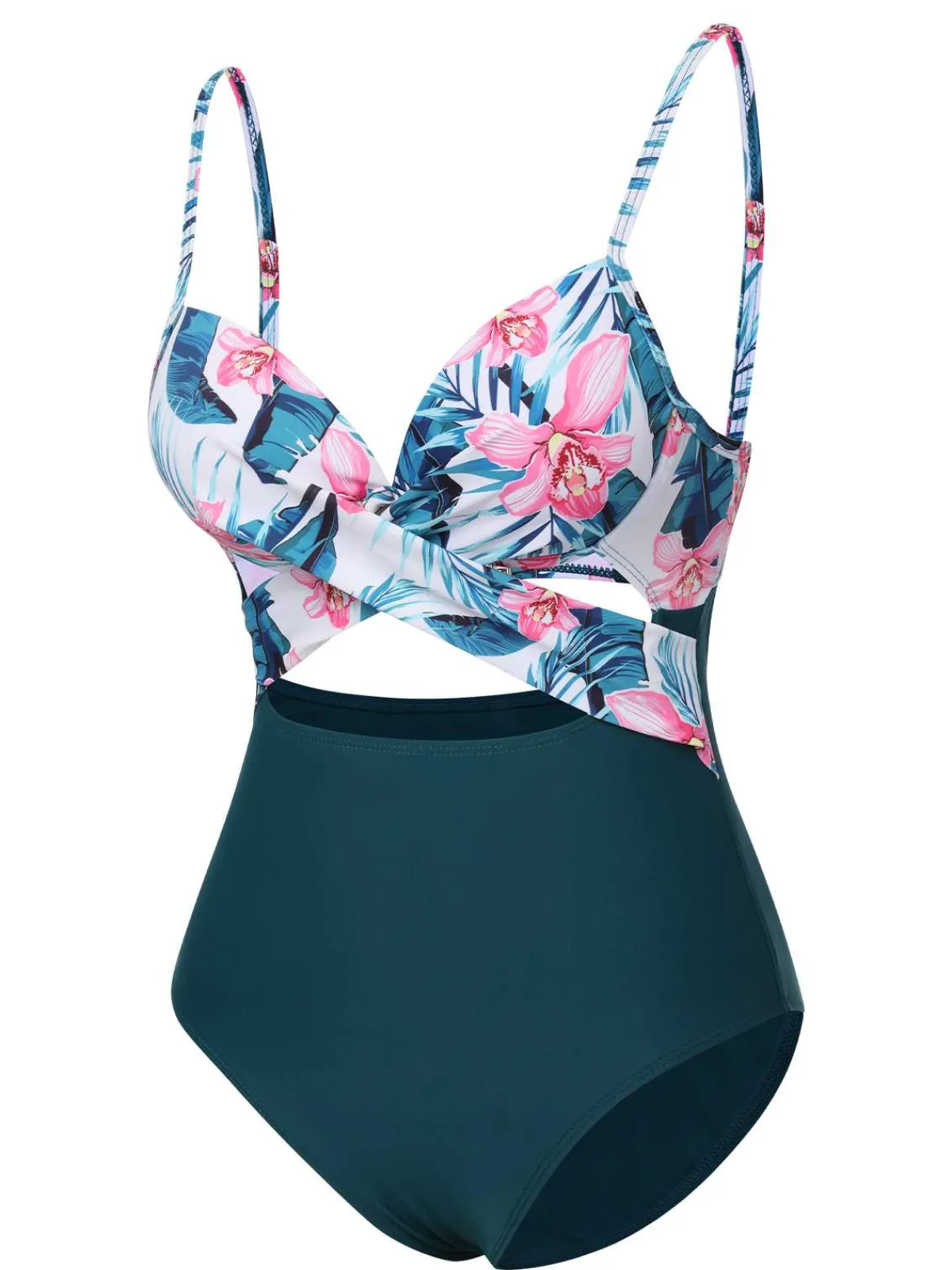Hot Retro Stage 1930s Spaghetti Strap Floral Swimsuit Lake Green