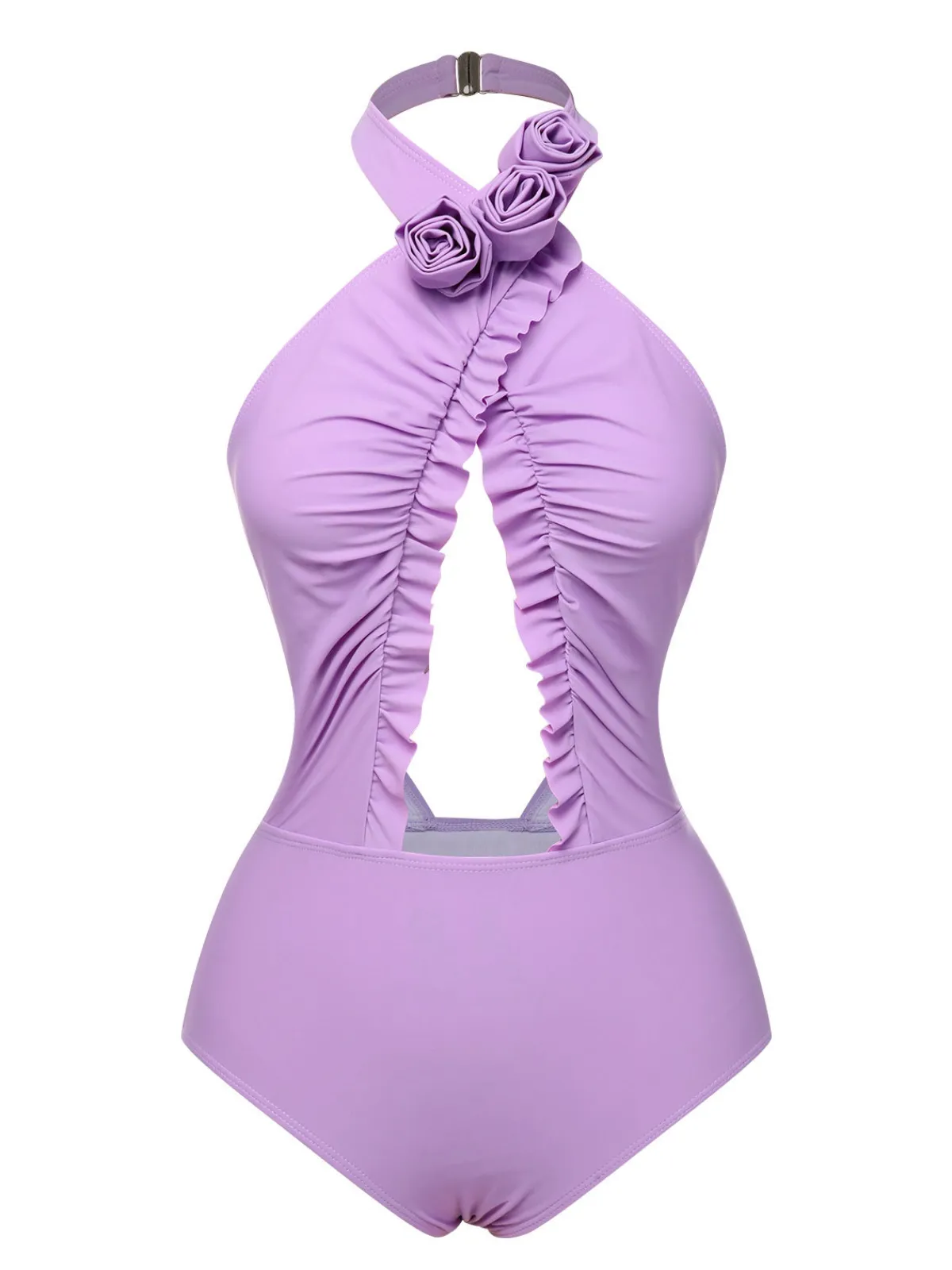 Outlet Retro Stage 1940s 3D Flowers Halter One-Piece Swimsuit Lavender