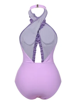 Outlet Retro Stage 1940s 3D Flowers Halter One-Piece Swimsuit Lavender