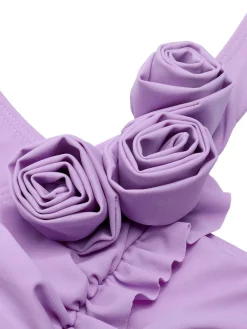 Outlet Retro Stage 1940s 3D Flowers Halter One-Piece Swimsuit Lavender