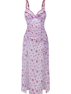 Fashion Retro Stage 1930s Ditsy Floral Bow Slip Nightdress Lavender
