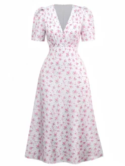 Sale Retro Stage 1940s Ditsy Floral V-Neck Puff Sleeve Dress Lavender