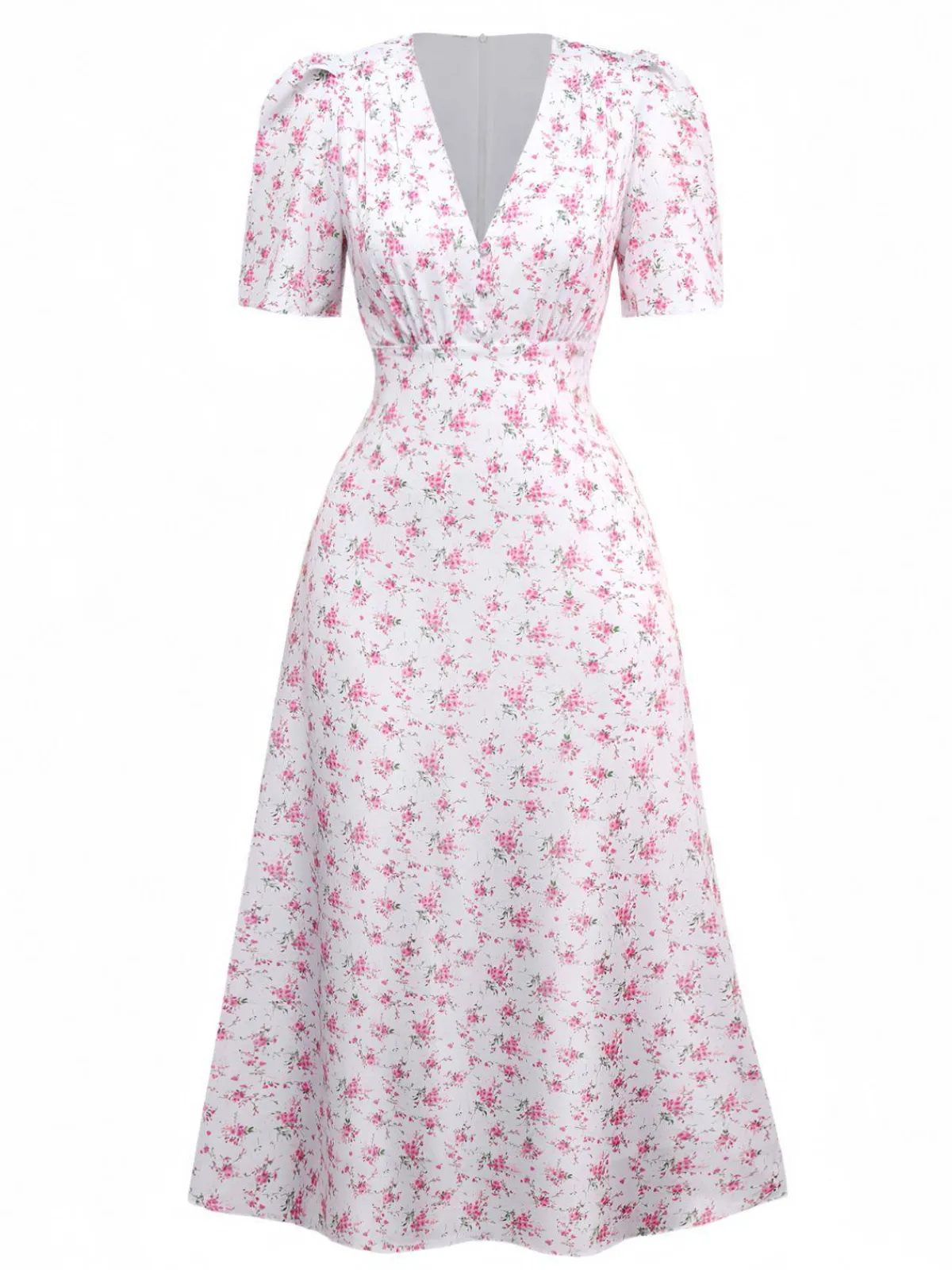 Sale Retro Stage 1940s Ditsy Floral V-Neck Puff Sleeve Dress Lavender