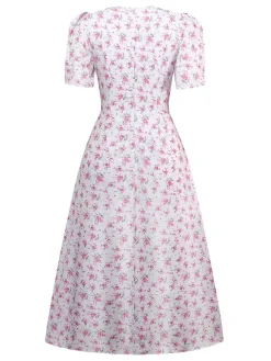 Sale Retro Stage 1940s Ditsy Floral V-Neck Puff Sleeve Dress Lavender