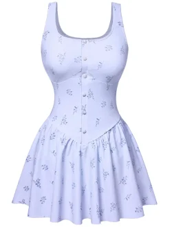 New Retro Stage 1940s Floral Button Swim Dress Lavender