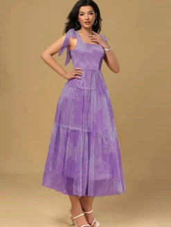 Best Retro Stage 1930s Floral Lace-Up Mesh Dress Lavender