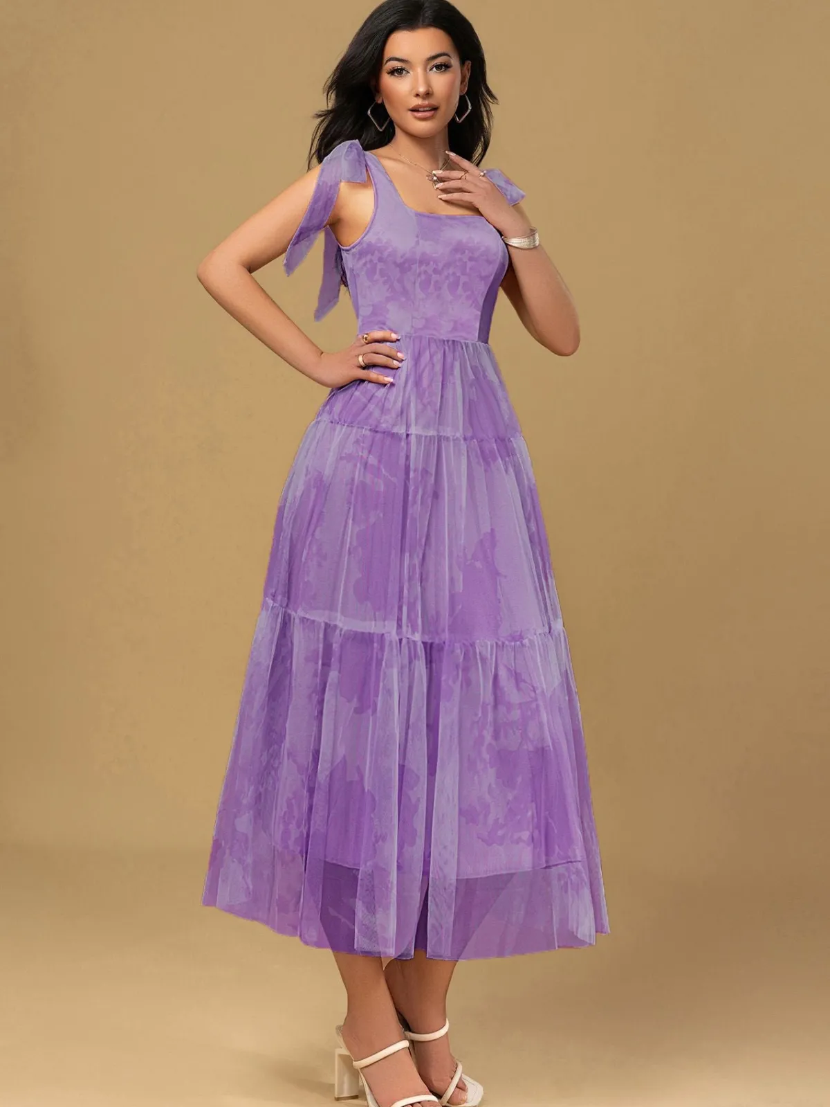 Best Retro Stage 1930s Floral Lace-Up Mesh Dress Lavender