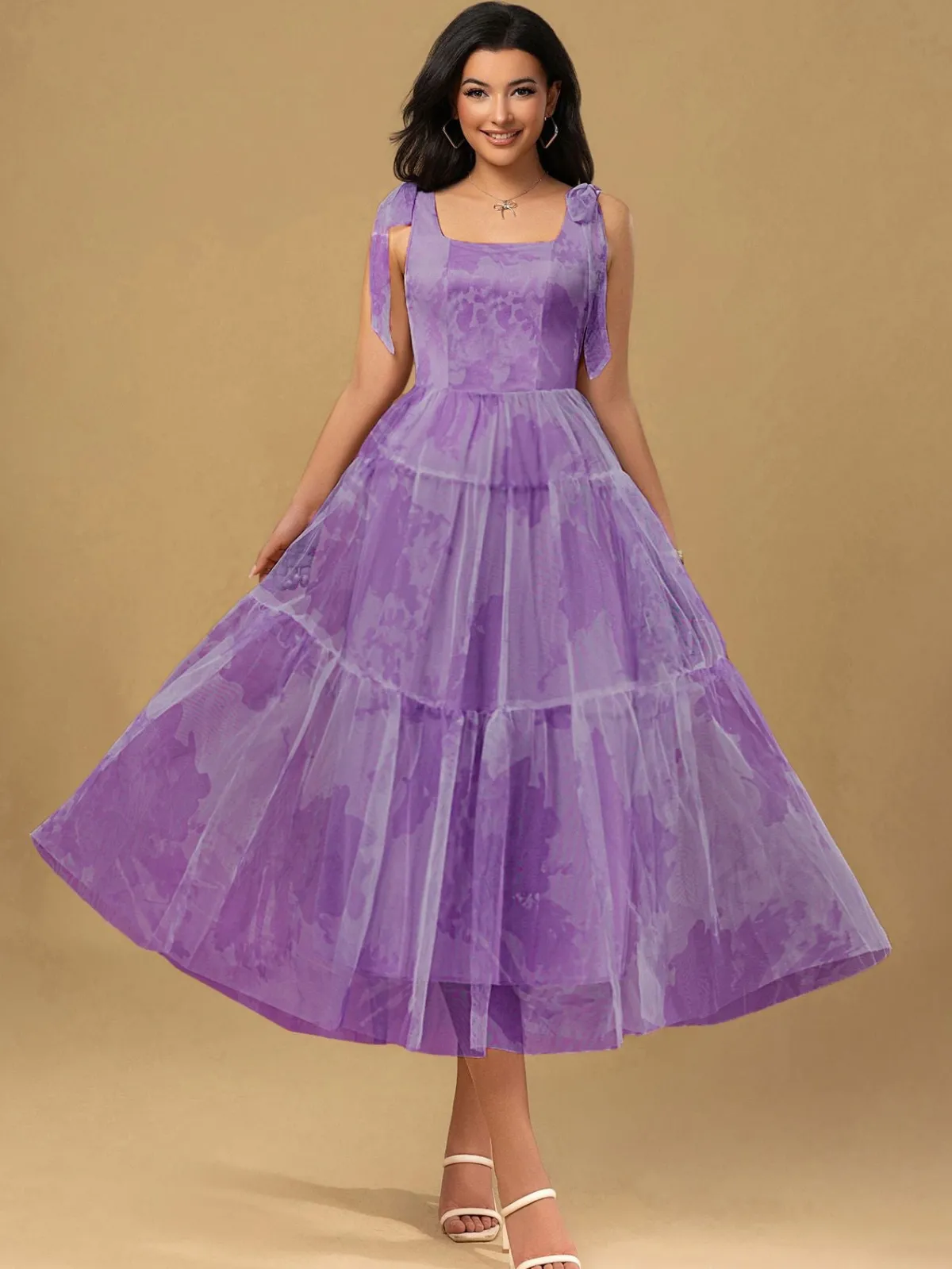Best Retro Stage 1930s Floral Lace-Up Mesh Dress Lavender