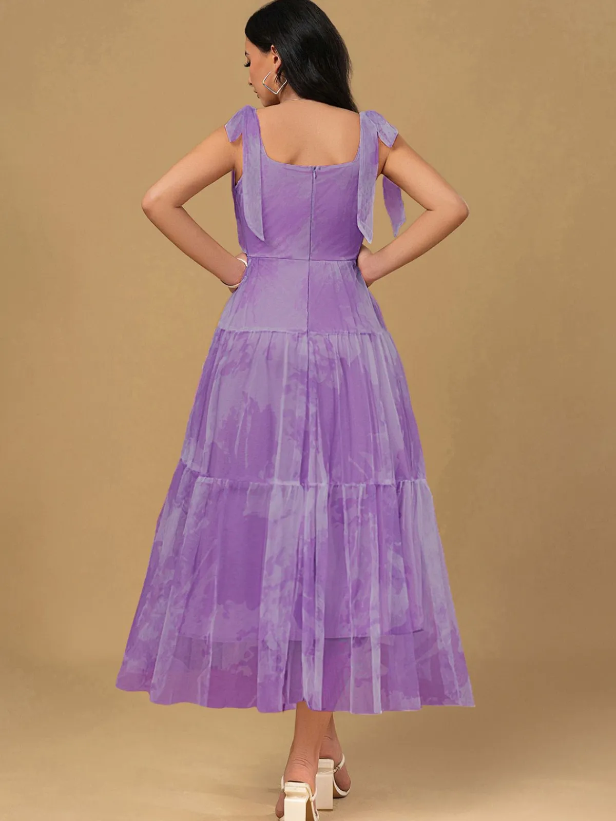 Best Retro Stage 1930s Floral Lace-Up Mesh Dress Lavender