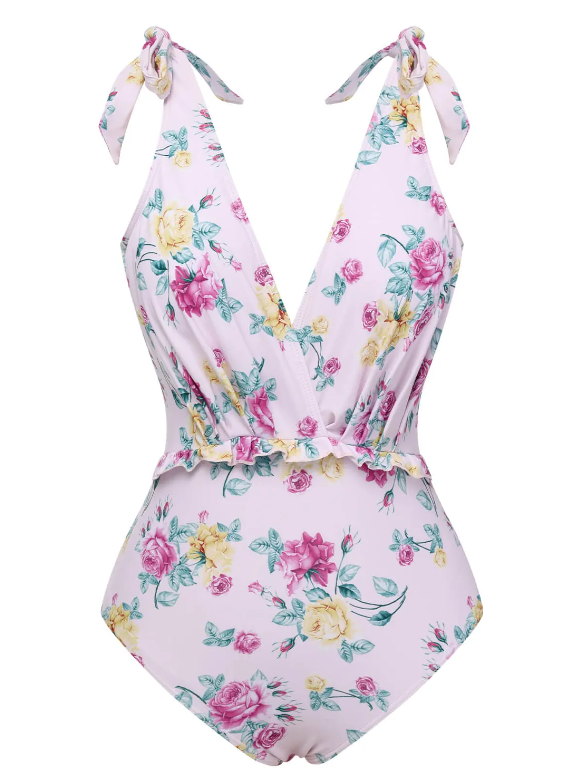 Best Retro Stage 1940s Floral Shoulder Tie Swimsuit Lavender
