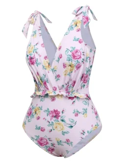 Best Retro Stage 1940s Floral Shoulder Tie Swimsuit Lavender